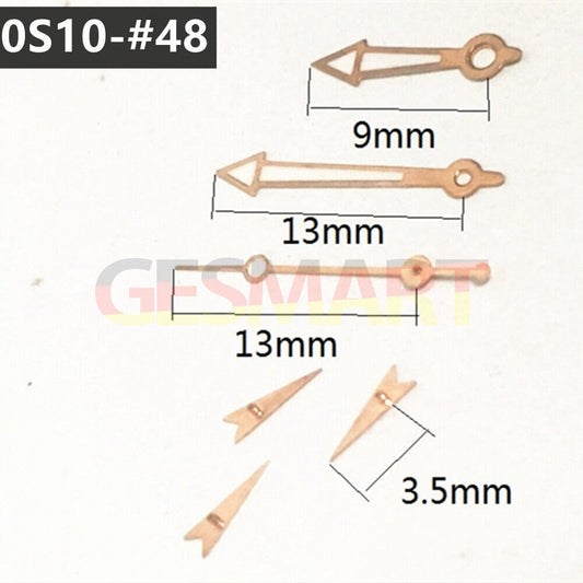 13mm rose gold luminous watch hands with green accents for Miyota 0S10 quartz movement.