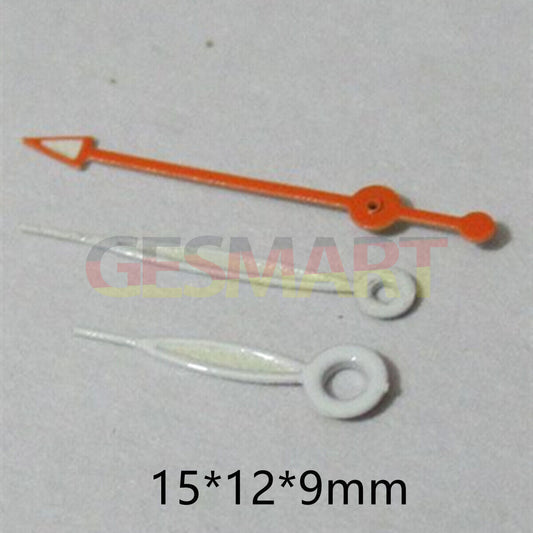 Orange and white painted 15mm watch hands set for Miyota 2035 and 2115 movements.