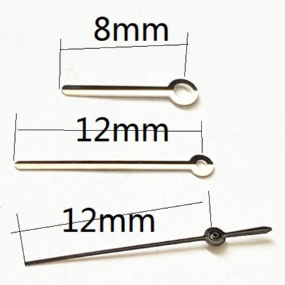 Silver polished black second hand for Miyota 2035 quartz watch movement, 12x12x8mm.