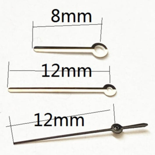 Silver polished black second hand for Miyota 2035 quartz watch movement, 12x12x8mm.