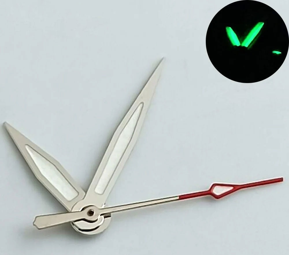 Silver trim arrow-shaped green lume watch hands compatible with NH35 NH36 7S26 NH70 NH72 movements.