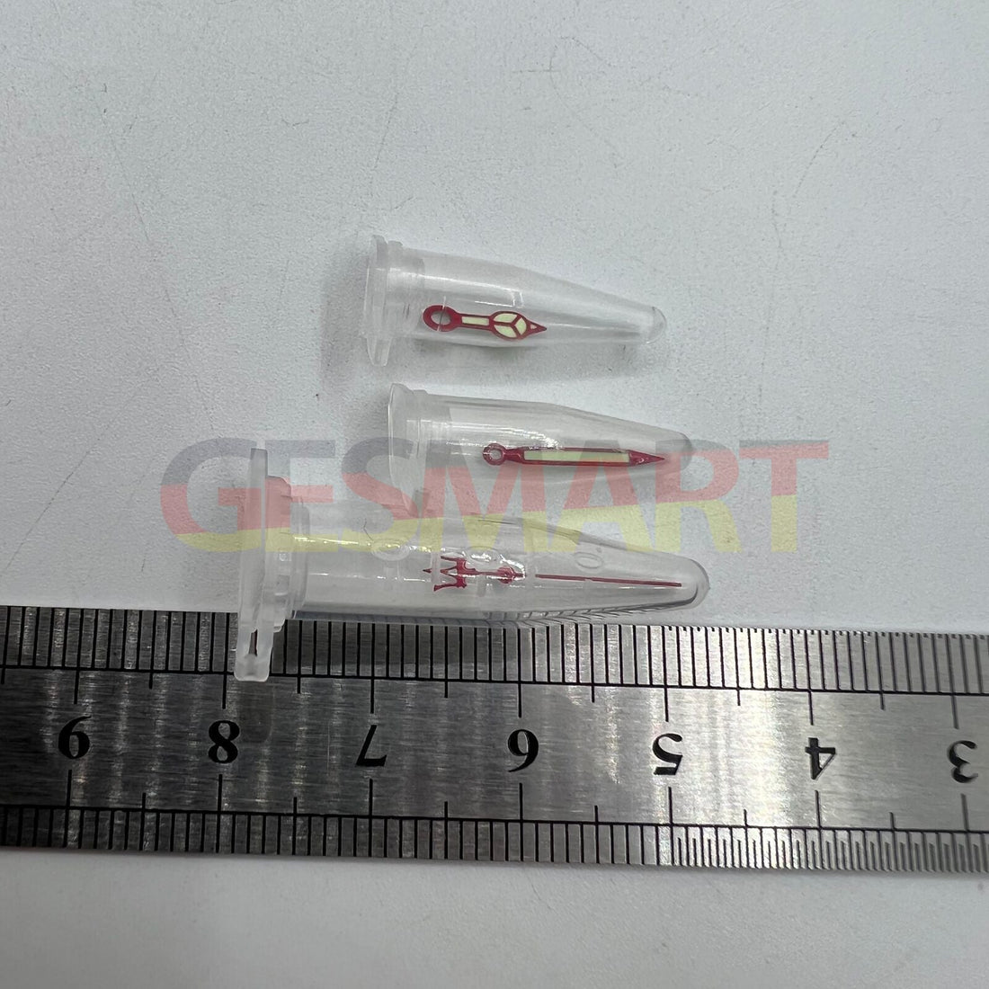 Red Fork watch hands with red trim and green lume, compatible with NH35 NH36 SKX007 SBBN models.