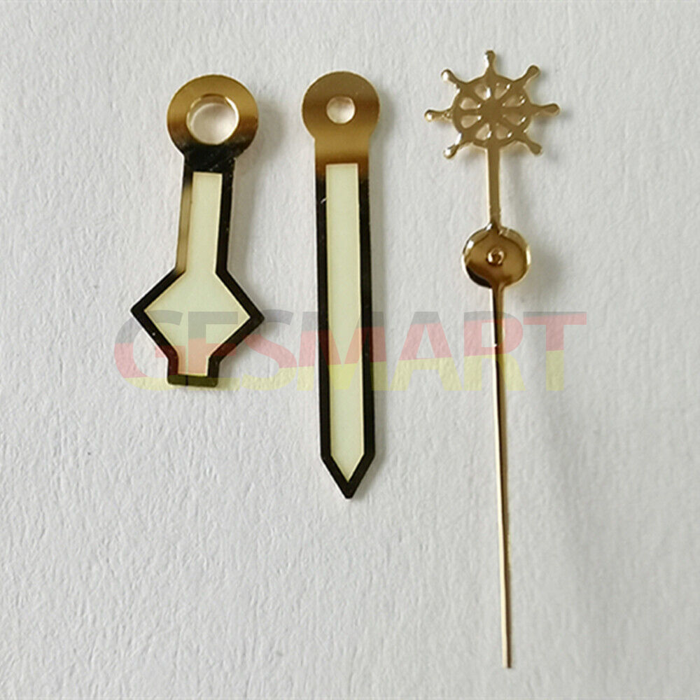Golden trim green luminous watch hands for NH36, NH35, 7S26 movements, enhancing visibility and style.