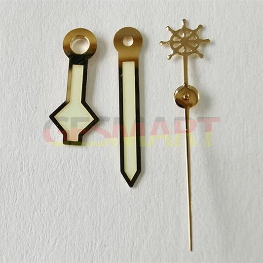 Golden trim green luminous watch hands for NH36, NH35, 7S26 movements, enhancing visibility and style.
