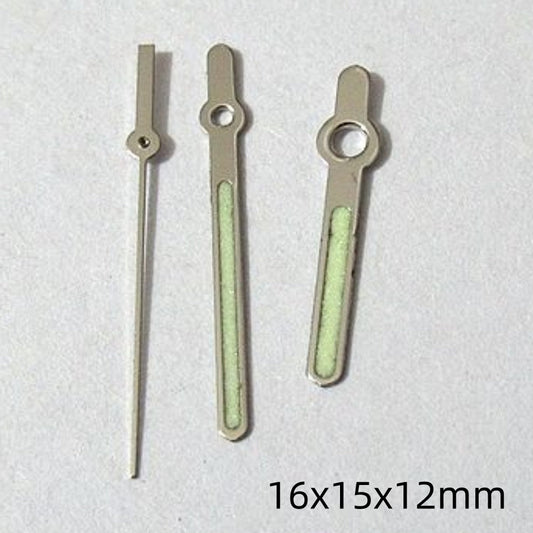 16mm silver-trimmed green lume watch hands set for Miyota 2035 movement, precise timekeeping accessory.