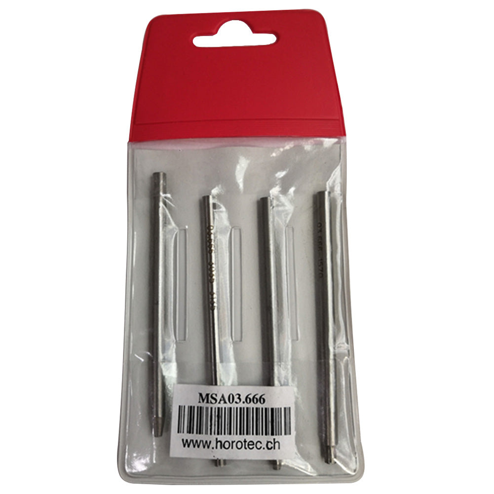 Horotec MSA03.666 set of 4 oscillating weight bolt keys for watch calibres, precision tool for repair and maintenance.