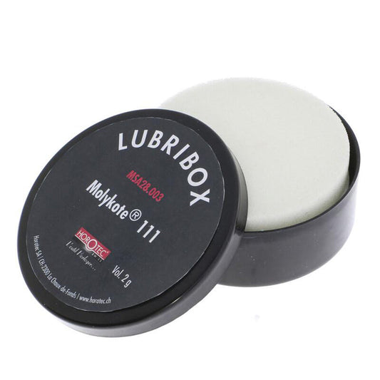 Horotec MSA28.003 Lubribox with foam cushions and Molykote 111 grease for precision watch maintenance.