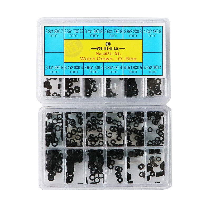 Multi-sized waterproof rubber O-ring gasket set for watch crown replacement and sealing.