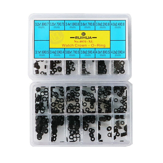 Multi-sized waterproof rubber O-ring gasket set for watch crown replacement and sealing.