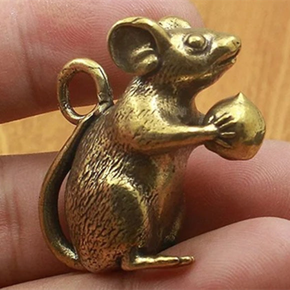 Solid Copper Cute Mouse with Peach Trinket Vintage Hand Carved Bronze Model Figurines