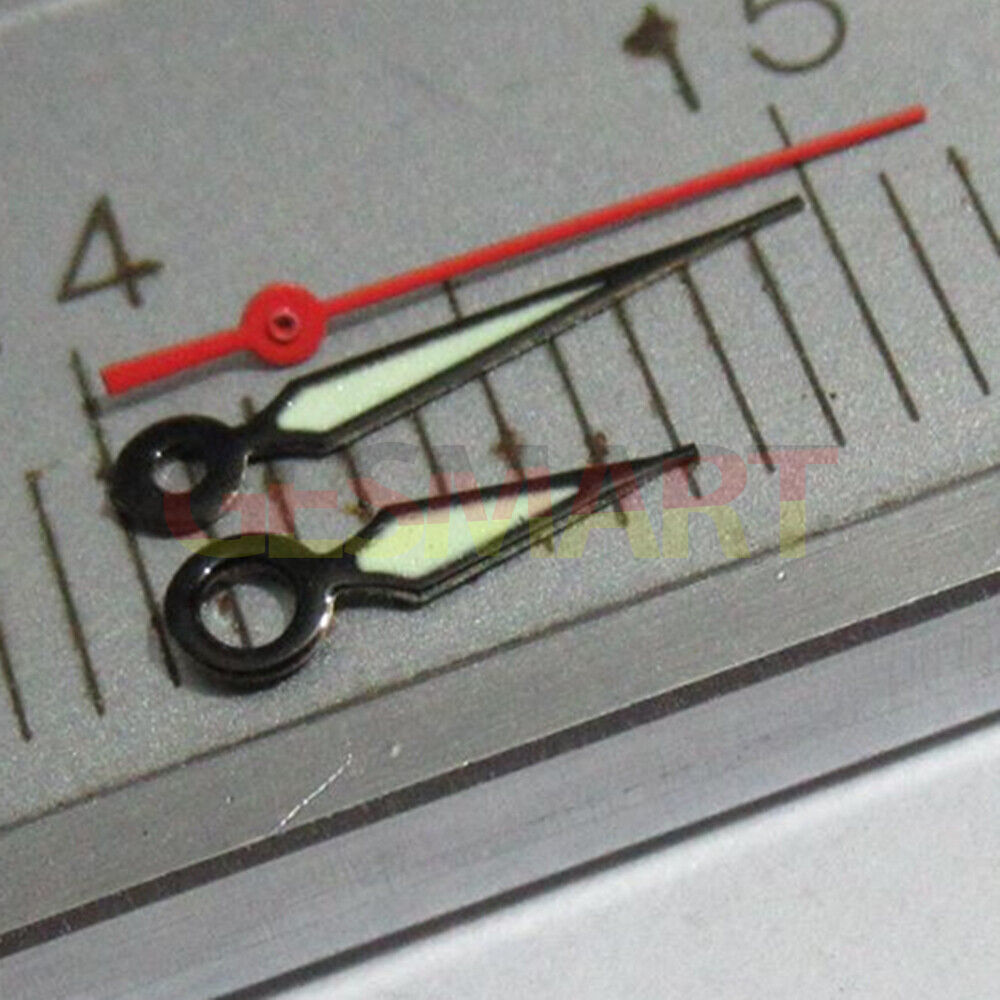 7mm black trim green lume watch hands set, compatible with Miyota 2035, 2115, 2105, 2305, 2315 movements.
