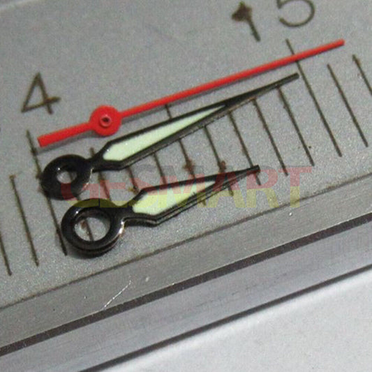 7mm black trim green lume watch hands set, compatible with Miyota 2035, 2115, 2105, 2305, 2315 movements.