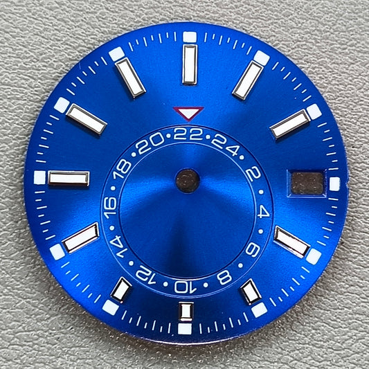 28.5mm Dark Blue Watch Dial For NH35 Movement Green Lume No Logo 24-Hour