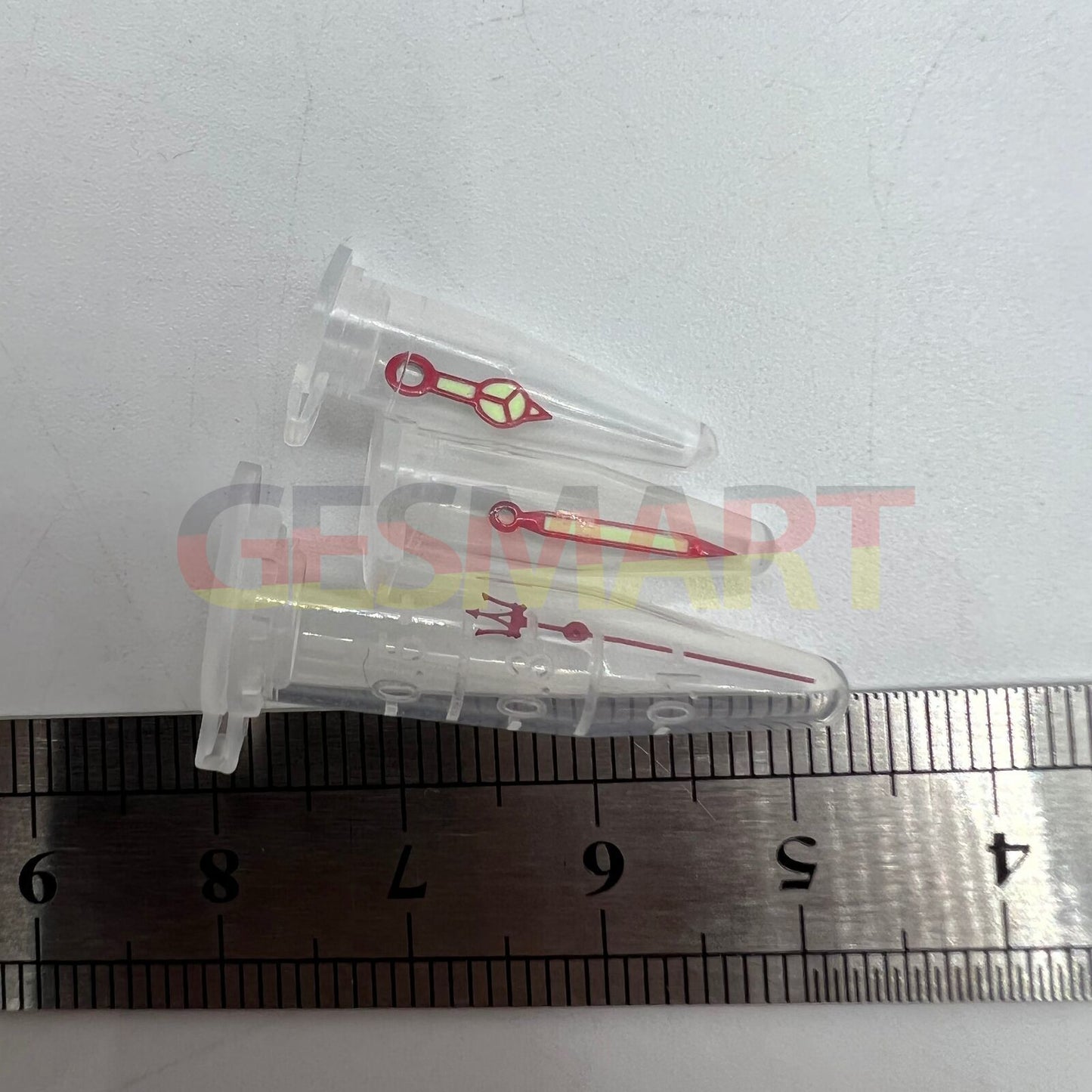 Red Fork watch hands with red trim and green lume, designed for NH35 NH36 SKX007 SBBN models.