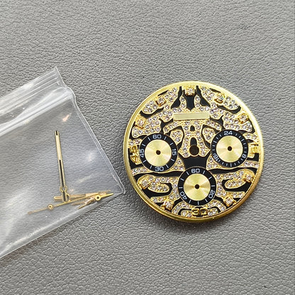 Embedded Diamond Watch Dial with Gold Trim Watch Hands for VK63 Movement