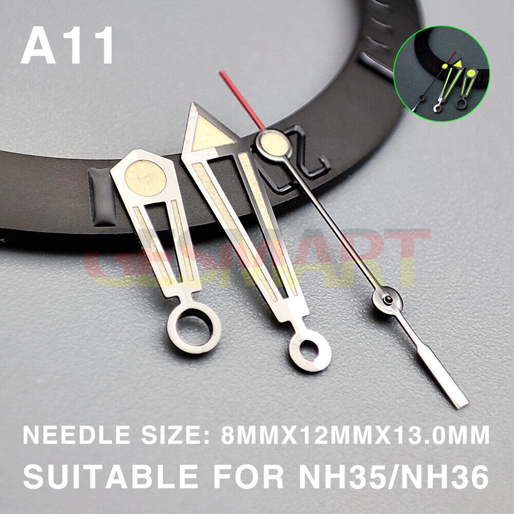 Yellow lume silver trim hollow 13mm watch hands for Miyota NH35/NH36/NH38, perfect for customizing timepieces.