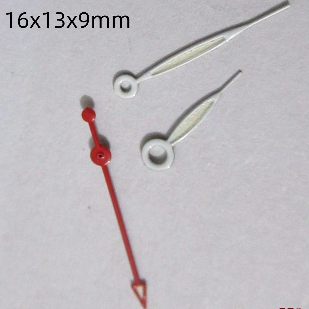 White and red painted 16mm watch hands set for Miyota 2035 movement, enhancing readability and style.