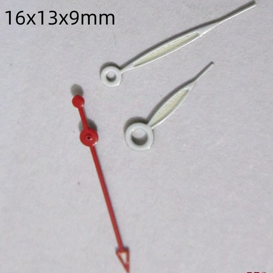 White and red painted 16mm watch hands set for Miyota 2035 movement, enhancing readability and style.