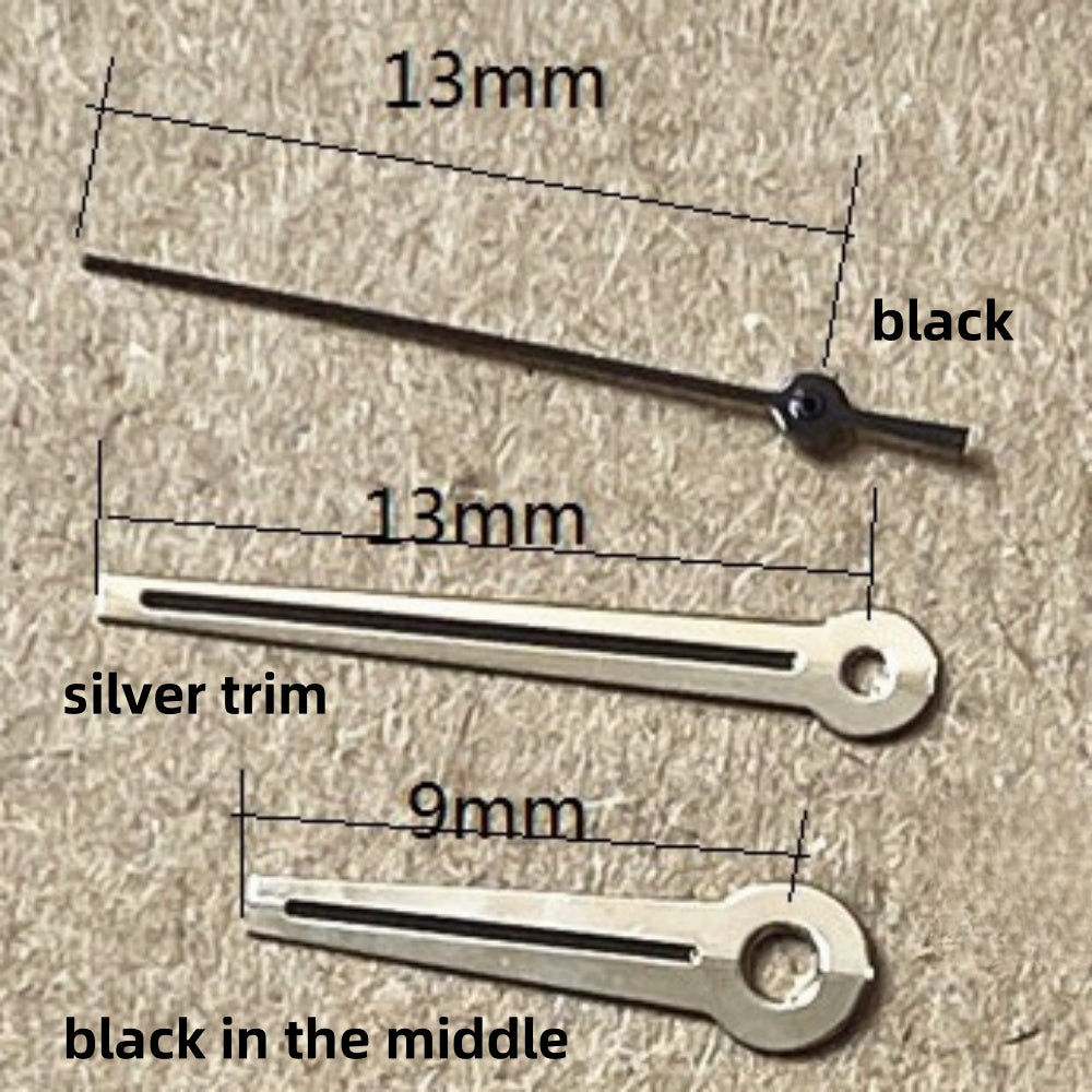 Black second silver trim watch hands set by Ronda, designed for 13x13x9mm Ronda 515 quartz movement.