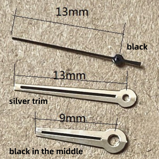 Black second silver trim watch hands set by Ronda, designed for 13x13x9mm Ronda 515 quartz movement.