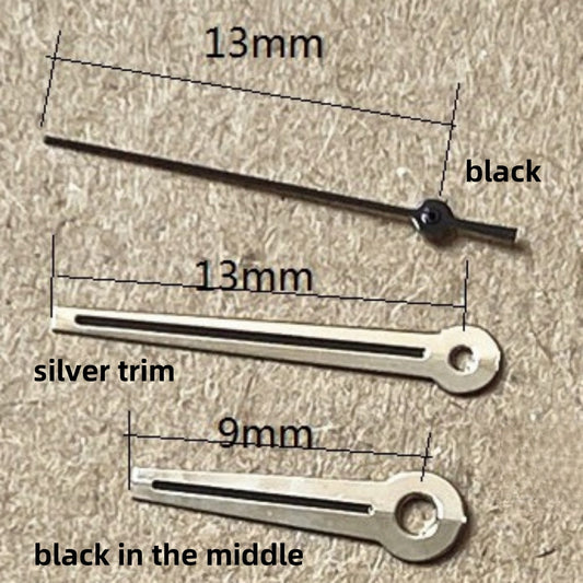 Black second watch hands with silver trim for Ronda 515 quartz movement, precise and stylish accessory.