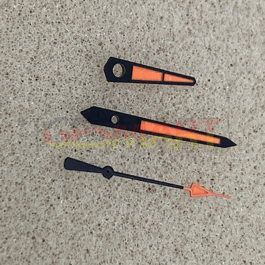 Orange arrow-shaped watch hands with black trim and green luminous fill, compatible with NH35/NH36 movements, brand quality.
