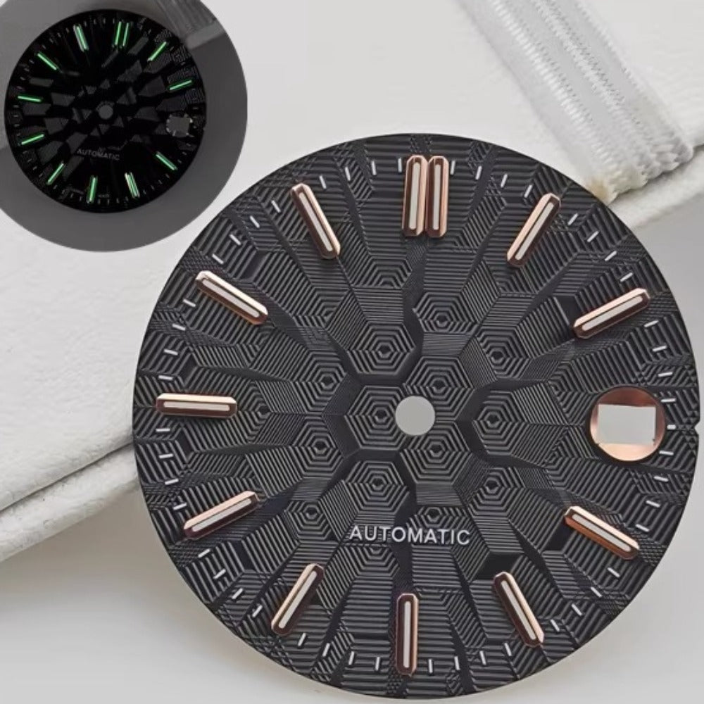 Black 28.5mm rose gold nail lume dial for NH35 NH36 watch movement, sleek design.