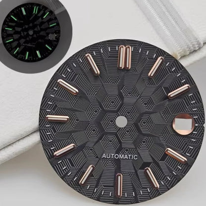 Black 28.5mm rose gold nail lume dial for NH35 NH36 watch movement, sleek design.