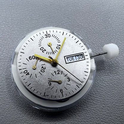Close-up of Chinese 7750 automatic chronograph movement with day date at 3, ETA 7750 style mechanism