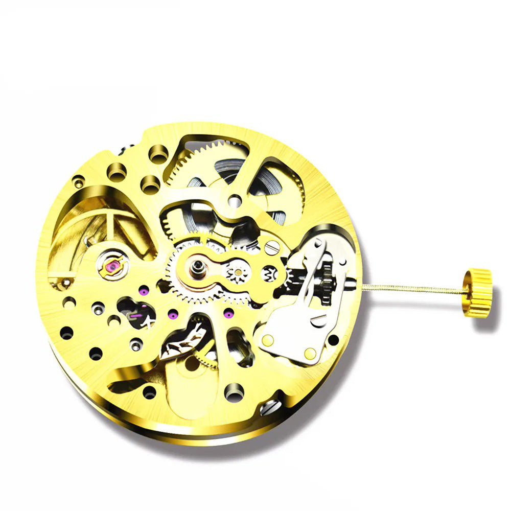 Gold 27mm 17-jewel skeleton automatic watch movement with pendulum adjustment by Radiation Pattern, 2004 model.