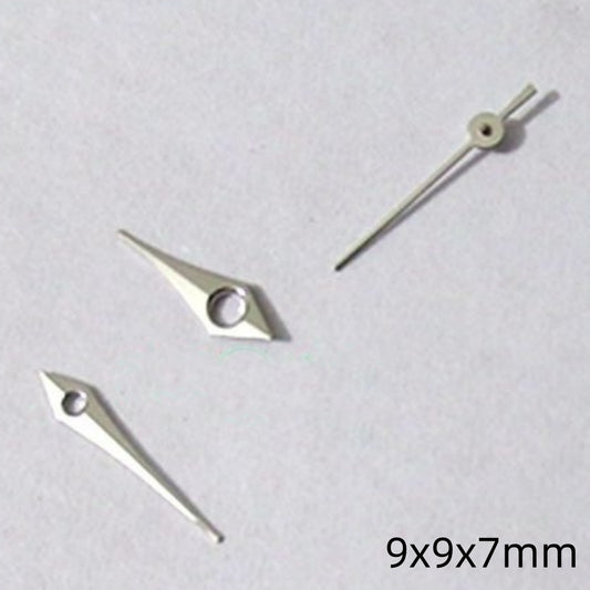 9mm silver arrow-shaped watch hands set for Miyota 2035 movement, precision-crafted.