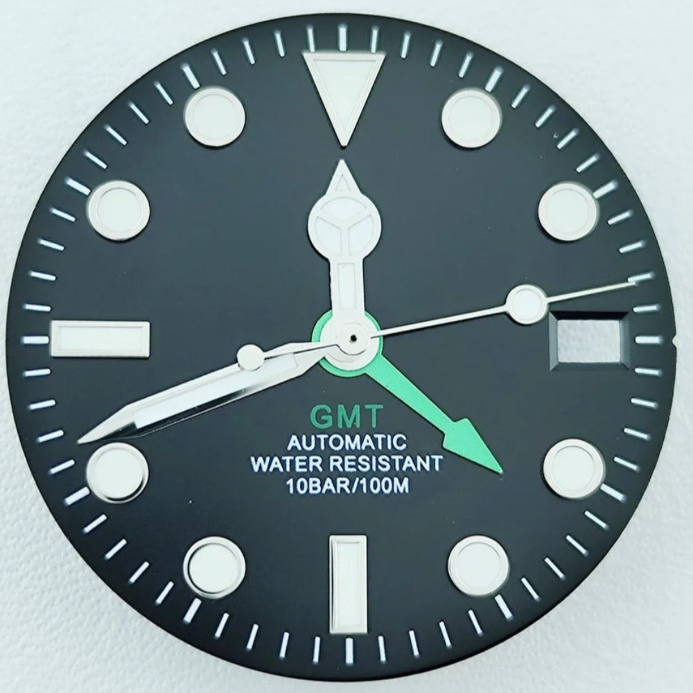 28.5mm Silver Trim Green Pointed GMT Hand Lume Watch Dial with Hands for NH34
