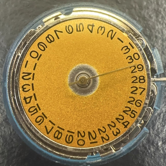 Tianjin Seagull 2813 watch movement with golden calendar disk for precise mechanical timekeeping.