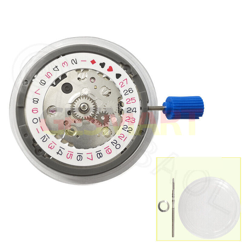 NH34 automatic watch movement with GMT, hacking seconds, white disk, and spade-style font details.