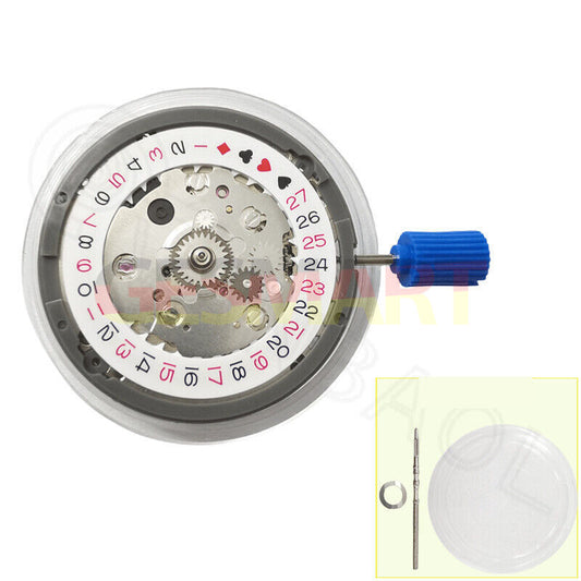 NH34 automatic watch movement with GMT, hacking seconds, white disk, and spade-style font details.