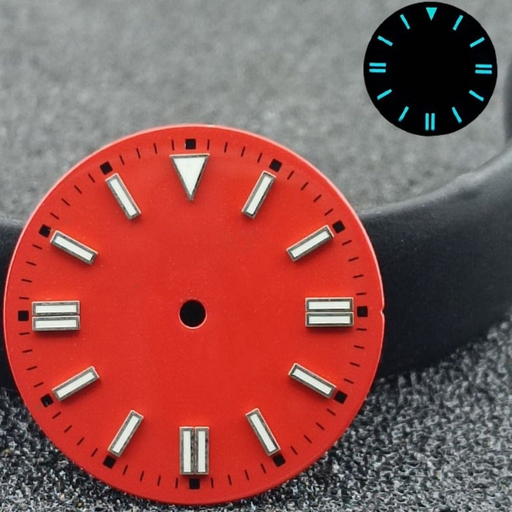Red 28.5mm watch dial with blue luminous silver nails, compatible with NH35/8215 ETA2836 movements.