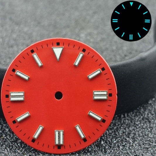 Red 28.5mm watch dial with blue luminous silver nails, compatible with NH35/8215 ETA2836 movements.