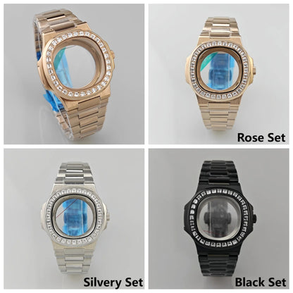 [Watch Cases] - 41mm Watch Case + Watch Strap Set Inlaid Diamond Bezel Case  PVD Plated Rose Gold Watch Accessories Suitable for NH35 Movement