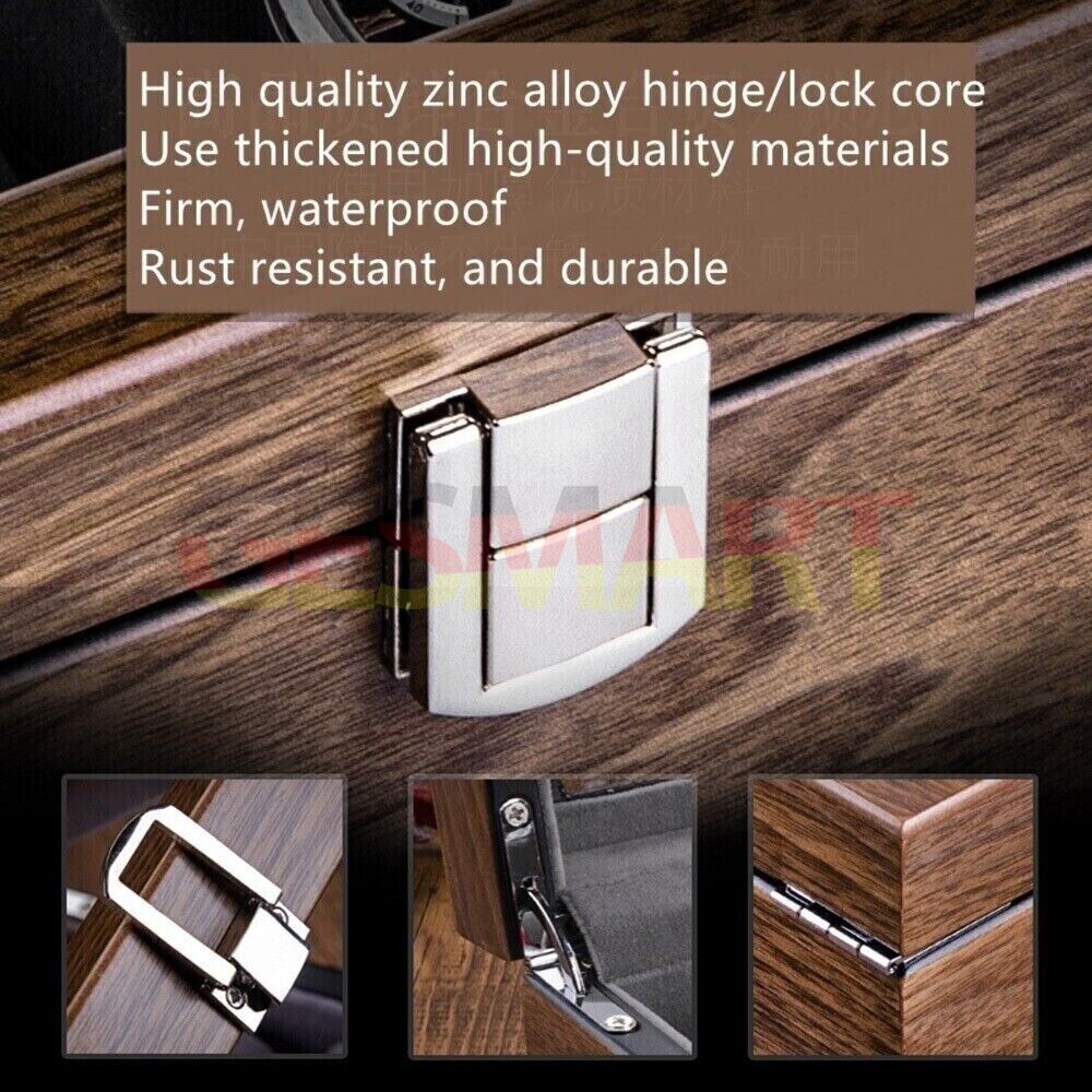 Walnut wood watch box with 6 slots for organized watch and jewelry storage.