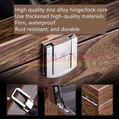 Walnut wood watch box with 6 slots for organized watch and jewelry storage.