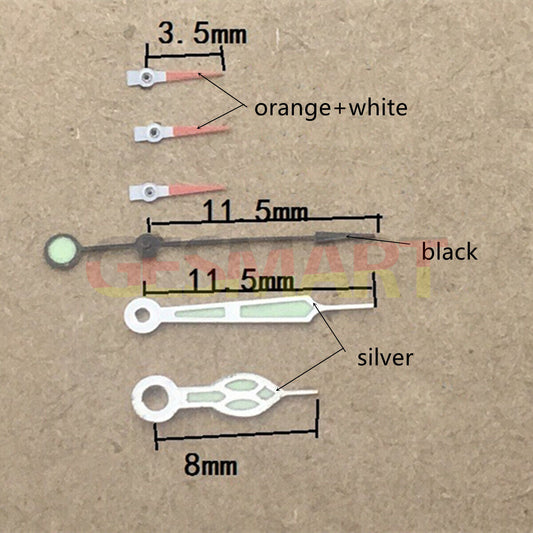 Orange and white small second hands with silver trim for Miyota OS10 OS20 OS60 OS80 watch movements.