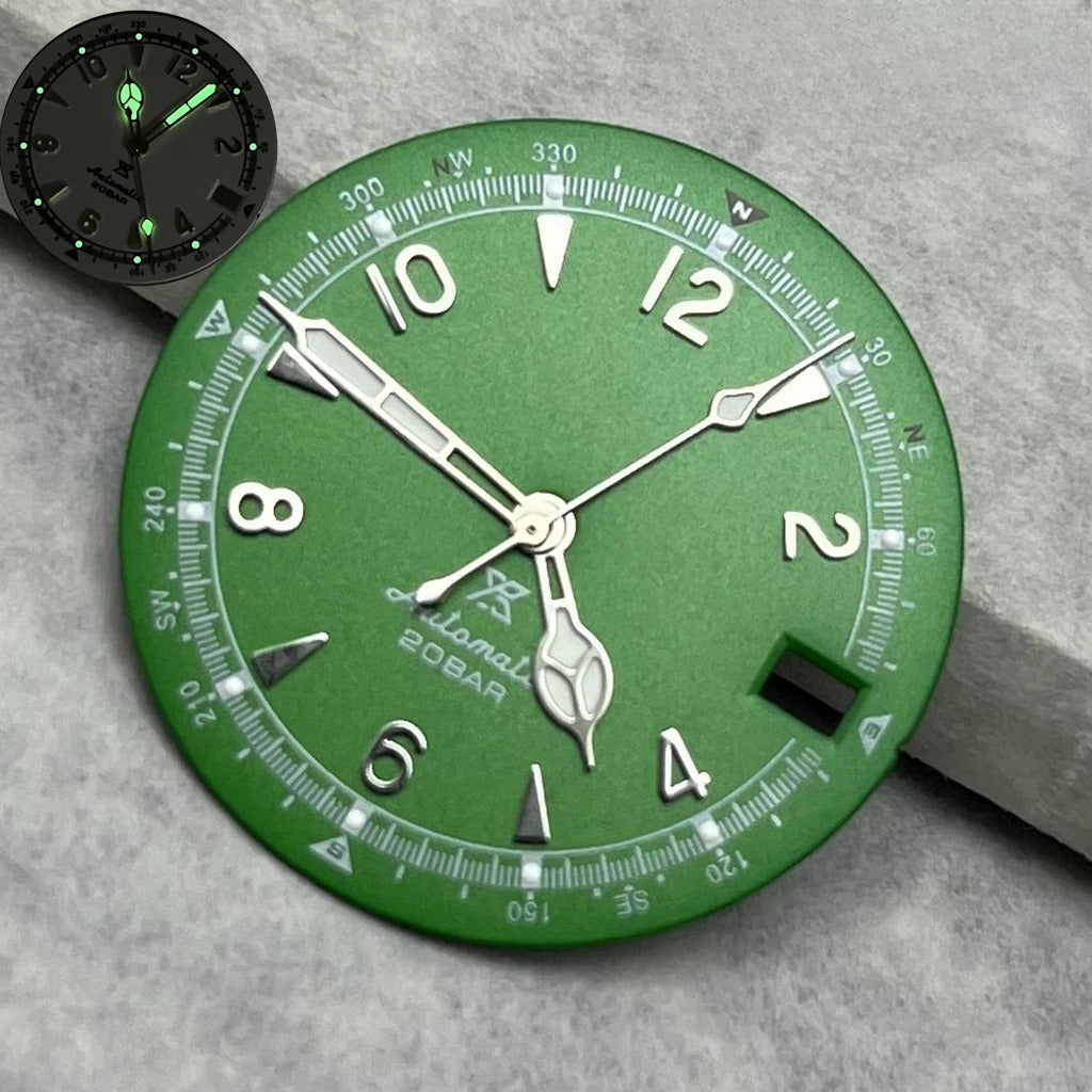 28.5mm Vintage Watch Dial Hands Green Luminous For SKX Mod Fit NH35/36 Movement