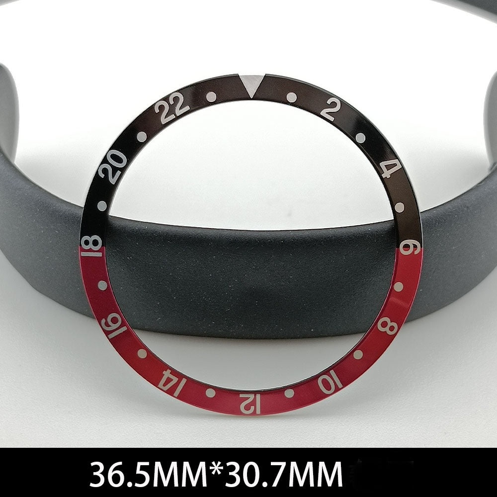 36.5mm green lume aluminum bezel with white font, black and red slope design for watch repair.