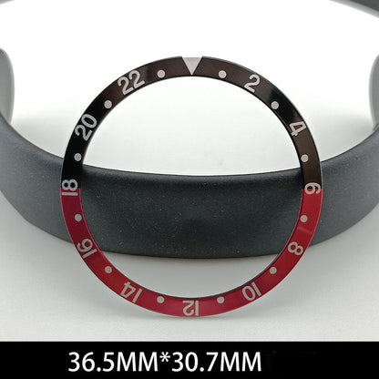 36,5/30,7 mm grüne Leuchtmasse, Aluminium, schwarz + rot, Uhrenlünette, geneigt, weiße Schrift, Uhrenteil