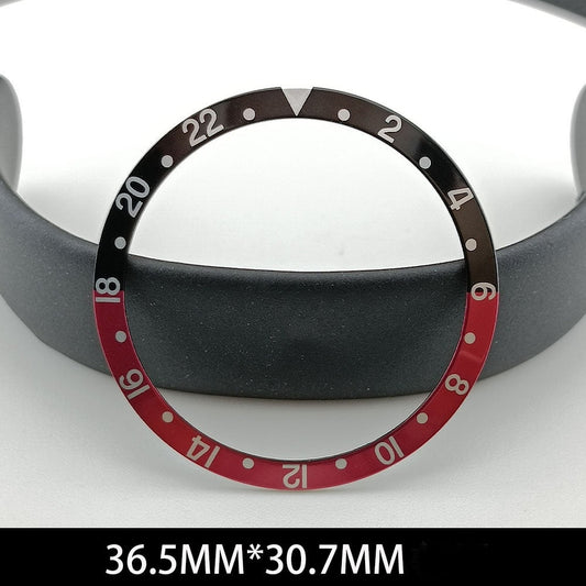 36,5/30,7 mm grüne Leuchtmasse, Aluminium, schwarz + rot, Uhrenlünette, geneigt, weiße Schrift, Uhrenteil