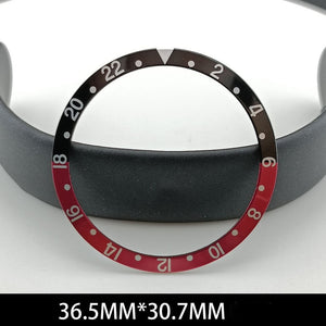 36.5/30.7mm Green Lume Aluminum Black+Red Watch Bezel Slope White Font Watch Part