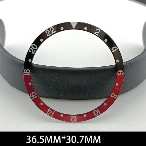 36.5/30.7mm Green Lume Aluminum Black+Red Watch Bezel Slope White Font Watch Part