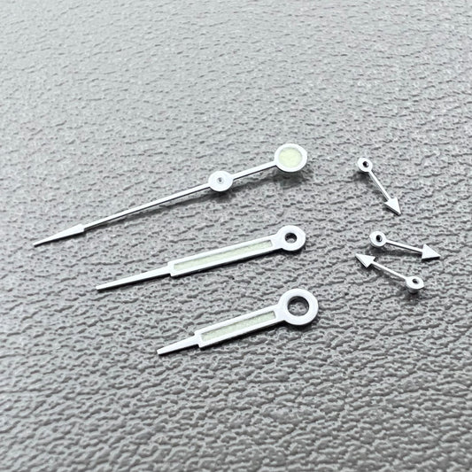 Green lume pointed white trim watch hands for Miyota OS10 OS20 OS60 OS80, enhancing time visibility.