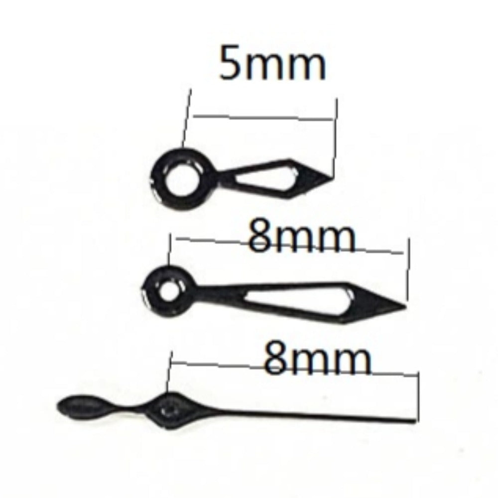8mm black arrow-shaped watch hands with trim, compatible with Miyota 2035 quartz movement, for precise timekeeping.