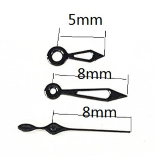 8mm black arrow-shaped watch hands with trim, compatible with Miyota 2035 quartz movement, for precise timekeeping.